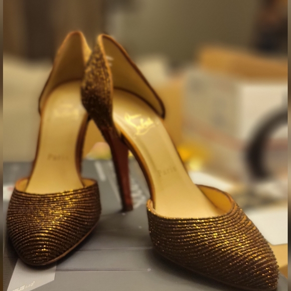 Christian Louboutin Women's  Labyrinth 100 Bronze Beaded Heels - Picture 3 of 4